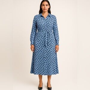 Eloquii button down long‎ sleeve jersey midi dress in blue, size 16